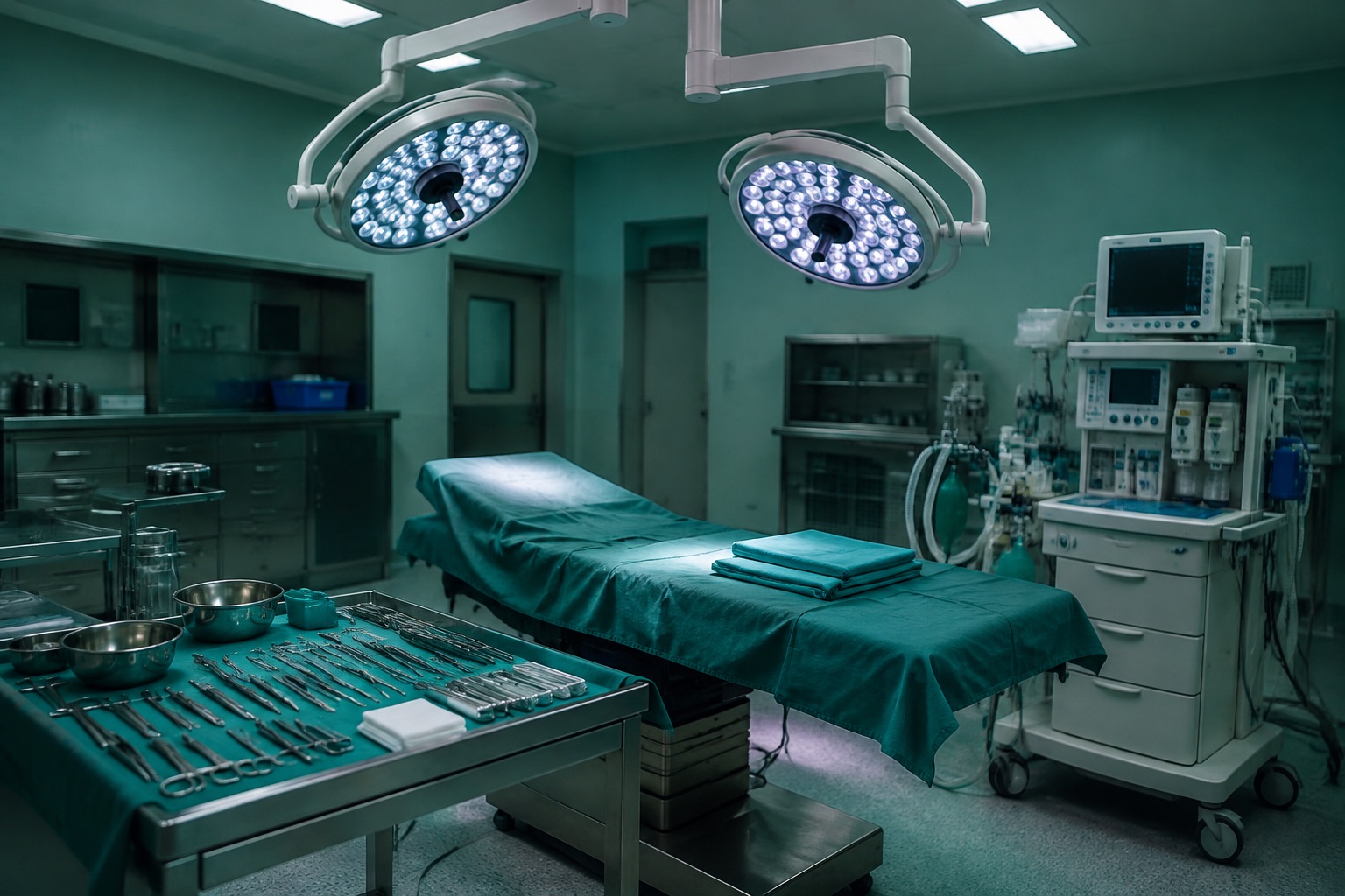 An operating theatre between cases: lamps, anaesthesia machine, draped table