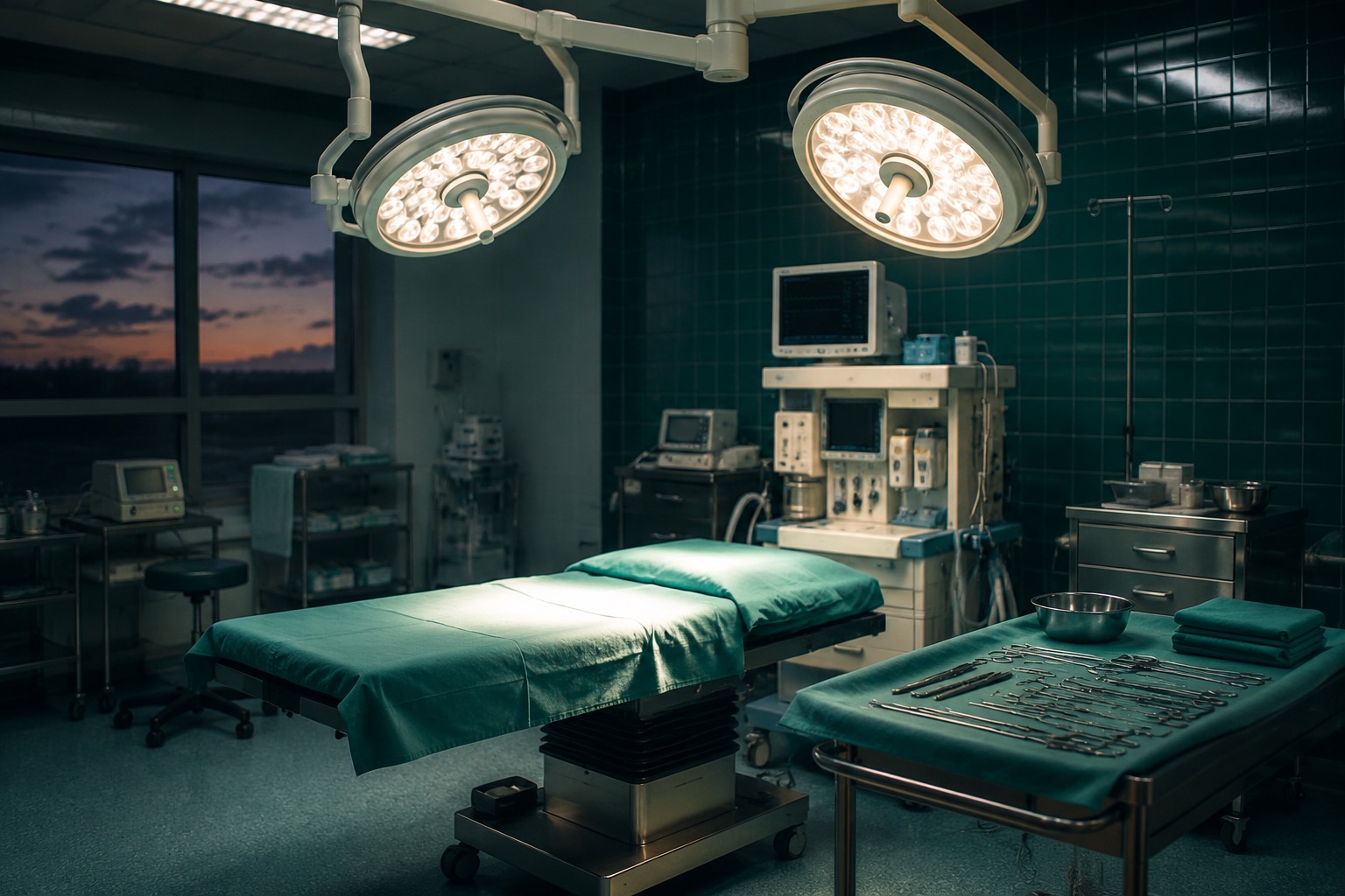 Un quirófano entre intervenciones: lámparas en reposo, máquina de anestesia junto a la mesa