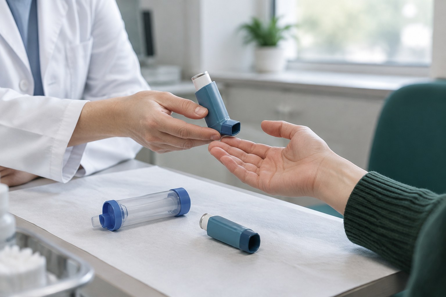 A pharmacist hands a plain blue metered-dose inhaler to a patient's open palm in a quiet clinic corner, a spacer tube on the table