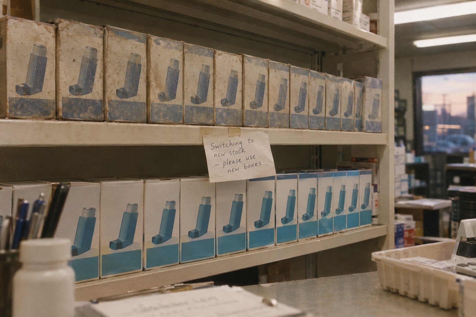 Pharmacy shelf from the pharmacist's side: two rows of identical inhaler boxes, one older and dustier, a handwritten transition note taped to the shelf