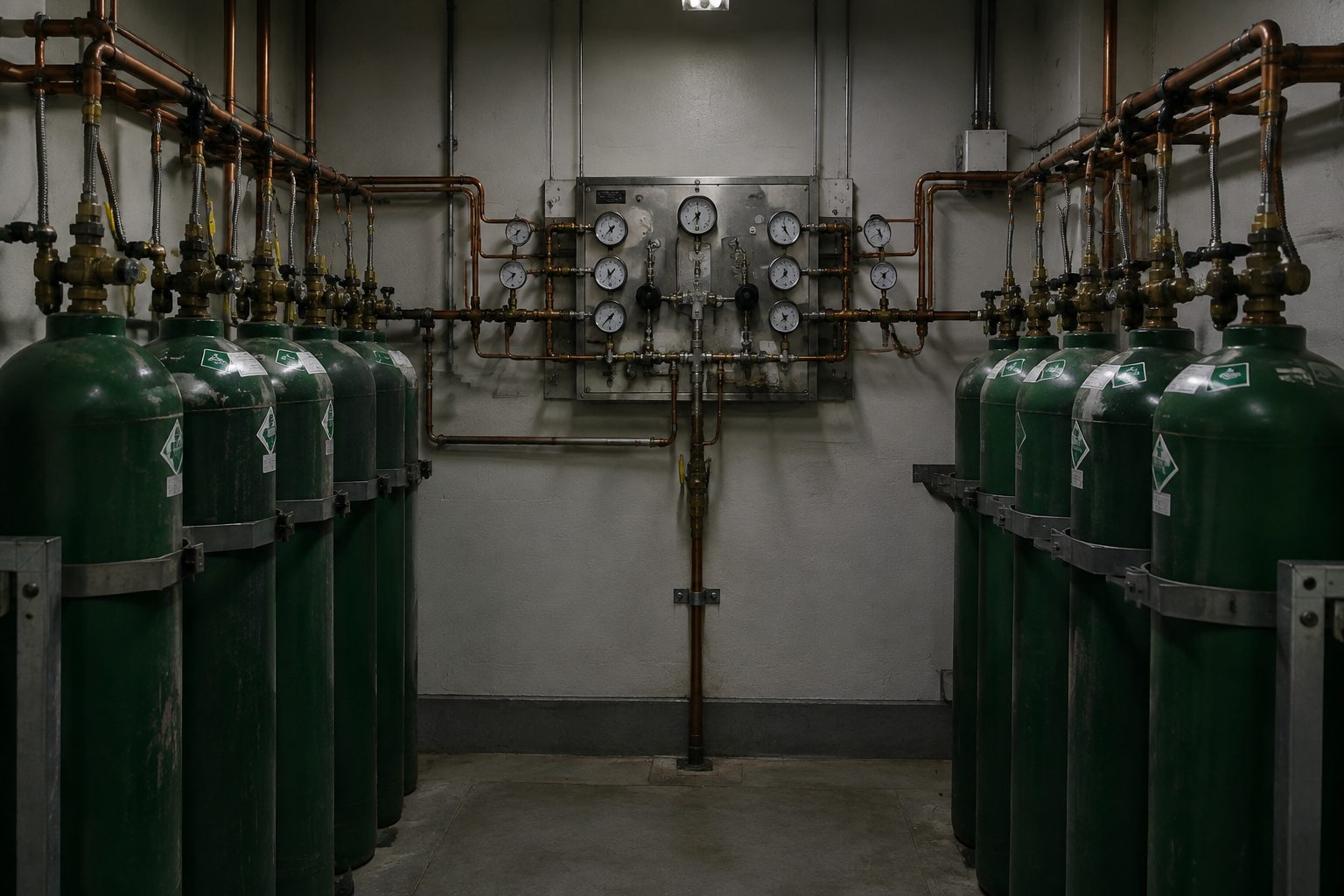 Hospital gas manifold room: two banks of large green medical gas cylinders connected by copper pipework to a control panel, in dim plant-room light