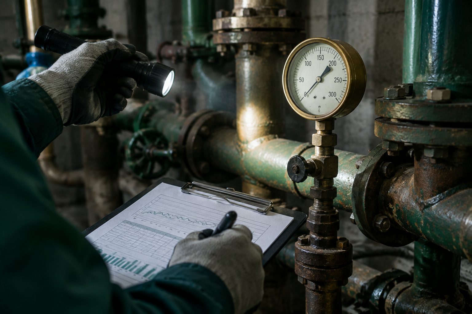 Close-up of gloved hands noting readings from a brass gas pressure gauge on old pipework, clipboard with charts, torchlight raking across pipes